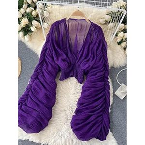 Zomer Sexy Gedrapeerde Chiffon Blouse Voor Vrouwen Elegante V-hals Bladerdeeg Lange Mouwen Korte Tops Vrouwelijke Slanke Party Shirts 2022 Nieuwe Mode-Paars, One Size