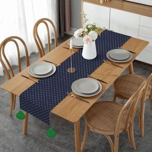 Tafelloper, imitatie linnen tafelloper met kwastjes tafeldecoratie voor thuisfeest, moderne elegante marineblauwe gouden stippen