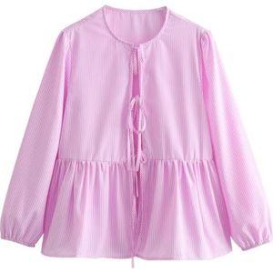 Vrouwen Tie Front Tops Puff Sleeve Babydoll Shirts Y2K Leuke Ruffle Peplum Uitgaan Top Blouse Trendy Kleding (Color : Pink Stripe A, Size : Medium)