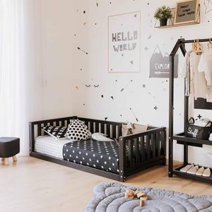 Vloerbed, Huisbed kinderbed, Montessori bed, Kinderhuis bed (Zwart, 120x190cm)