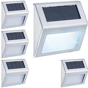 Relaxdays solar wandlampen voor buiten, set van 5, led buitenverlichting, voordeur, tuin, schutting, waterdicht, zilver