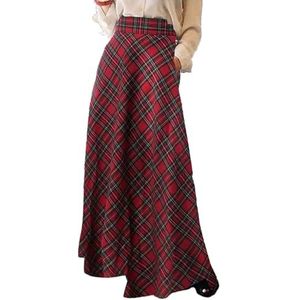 Saterkali Rok met brede zoom voor dames, outdoorrok, maxi-rok voor dames, A-lijn, geruite print, oversized lenterok met hoge taille, vloerlengte, grote zoom, Rood, 3XL