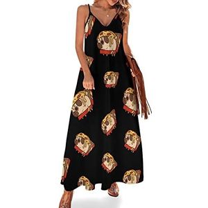 Puglie Pizza Maxi-jurk voor dames, met V-hals, casual, mouwloos, verstelbare bandjes, sexy lange jurk