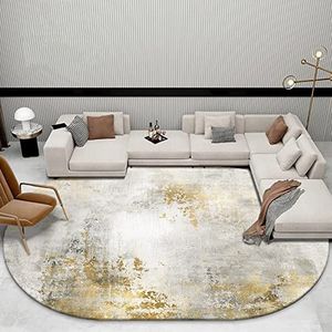 Modern ovaal karpet Microfiber antislip wasbaar ovale vloerkleden Woonkamer Yoga Zacht tapijt Cement grijs goud abstract patroon, 140 x 200 cm