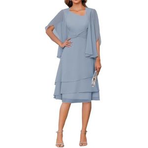 2 Stuks Moeder van de Bruid Jurk voor Bruiloft 3/4 Mouwen Chiffon Avond Prom Jassen met Jas, Dusty Blauw, 32