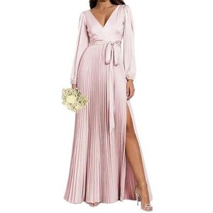 WSEYU Satijnen bruidsmeisjesjurk voor dames, met split, galajurken, plooien, cocktailjurk, grote maten, Blush Roze, 32