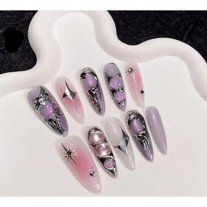 Handgemaakte nagels Press on Full Cover Nails Spice Girl Sweet Cool Metallic Dimensionale lange nepnagels Nagelverbetering (Color : 1, Size : L)