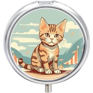 Nostalgische kat pillendoos 3 compartimenten reispillenorganizer 3 keer per dag schattige mini pillenetui voor portemonnee en zak draagbare metalen medicijndoos met spiegel ronde dagelijkse