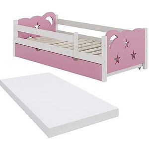 Oskar-Store Livinity Jessica Kinderbed, eenpersoonsbed, juniorbed, modern, kinderkamerbed, bedlade, valbescherming (wit-roze, 160 x 80 cm, met matras)