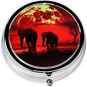 Rode Volle Maan Olifanten Print Pillendoos 3 Compartiment Kleine Pillenhoes met Spiegel Pil Organizer voor Outdoor Reizen Pocket Purse