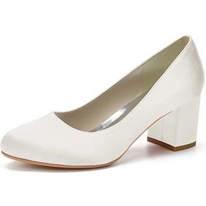 Dames trouwschoenen gesloten teen 2,36 inch chunky hiel satijnen pumps slip op ronde teen bruidsschoenen,ivoor,39 EU