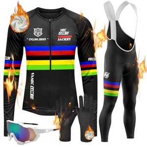Winterwielertrui, tenue, set met lange mouwen, thermo-fleece fietsshirt, slabbetje, fietsbroek, pakken, klassieke fietskleding + rijpad met hoge dichtheid voor fietsen, MTB outdoor (TYP-2, L)