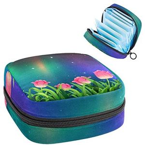 Maandverband Opbergtas,Draagbaar maandverband Opbergzak,Elegante roze tulp bloemen 's nachts, Meerkleurig, 4.7x6.6x6.6 in/12x17x17 cm