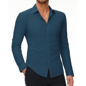 DEMEANOR Stretch overhemd voor heren, lange mouwen, slim fit, businesshemd, strijkvrij, vrijetijdshemd voor heren, donkerblauw, L