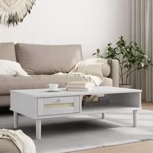 NNJN Salontafel - rotan koffietafel, laden met rotan en schuifdeuren met massief houten latten, massief houten poten, natuurlijke landelijke stijl. (wit en houtkleur