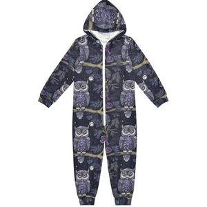 LI ZHI XIN Kinderpyjama met capuchon uit één stuk, jongens en meisjes, jumpsuits voor kinderen, onesie, slaappak, alles-in-één pyjama, winter, warme huisjumpsuit, 5-14 jaar, schattig uilenpatroon