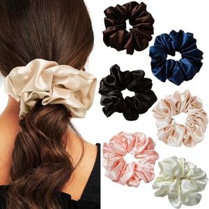 6 stuks geweldige zijden scrunchies oversized scrunchies voor dik haar, satijnen scrunchies haarelastiekjes voor dames (zwart/wit/marineblauw/roze/bruin/kaki)