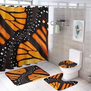 Oranje Monarch Vlinder Vleugels 4 Stks Badkamer Sets met Douchegordijn Toilet Deksel Cover En Tapijten