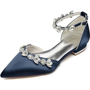 Dames Pumps Met Puntige Neus Satijnen Trouwschoenen Voor Bruidsflats Enkelbandje Bruidsschoenen Formele Galafeestjurk Sandalen,Marine,36 EU