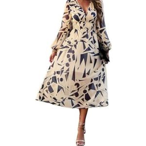 CupitiDU Dames Boho Bloemen Gedrukt Chiffon Jurken, Casual Zomer V-hals Chiffon Lange Boerenmouwen Vloeiende Orset Jurk, Abrikoos, XL