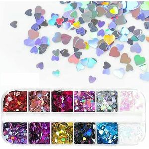 Holografische zoete liefdeshartnagelkunst met glitterpailletten, glanzende laserfluorescentie, ster, vlinder, 3D-nageldecoraties, accessoires - 12LSAX-1