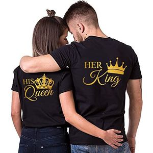 King Queen Paar T-shirt Koning Koningin Couple Partner Look shirt Voor Men Women Valentijnsdag Katoen Print 1 Stuk(Gold-bk-Queen-XL)