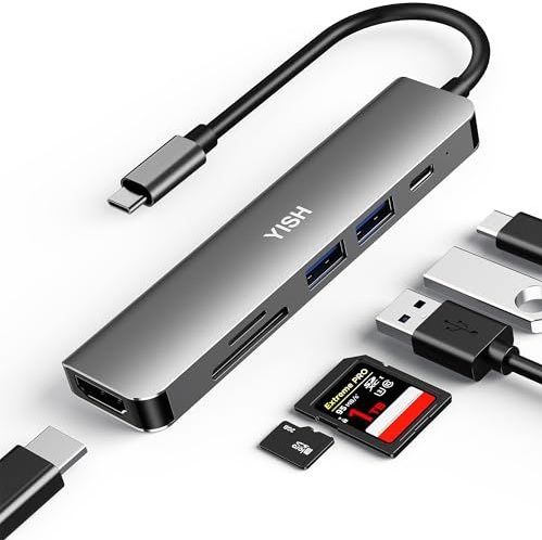 YISH USB C Hub 6-in-1 docking station: USB 3.0 Hub met PD100W, 4K HDMI, 2x USB A, SD/TF-kaartlezer voor desktop, laptop, toetsenborden, USB-sticks, mobiele HDD, grijs