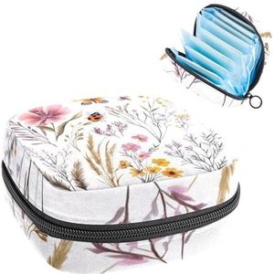 Opbergtas voor maandverband, lieveheersbeestje, bij, vlinder, libelle, wilde bloemen, draagbare maandverband, draagzak, inlegkruisjes, opberghouder voor vrouwen, school, kantoor