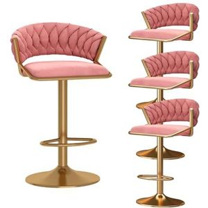 DangLeKJ Moderne draaibare barkrukken set van 4, fluwelen in hoogte verstelbare barkruk met geweven achterkant, keukeneiland bar stoel met gouden basis, verstelbare hoogte 45-60 cm, roze