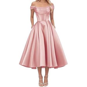 AHERKLL Thee Lengte Bruidsmeisjes Jurken voor Junioren Off Shoulder Satijn Avond Cocktail Party Maxi Jurk met Zak HAH050, Blozen, 48 grote maten