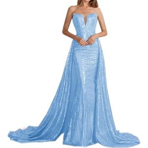 Strapless Pailletten Lange Avond Formele Gelegenheid Jurken voor Vrouwen Vintage Prom Party Jurk met Hof Trein, Blauw, 10