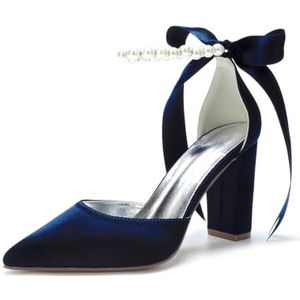 HFWXYSA Dames Gesloten Puntige Neus Bruids Pompen Blok Chunky Hak Parel Enkelbandje Bruiloft Kantoor Business Dress Schoenen,Dark blue,36 EU