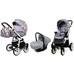 BabyLux Lux 3 in 1 Baby Reis Systeem Kinderwagen Autostoel Sushade Regenhoes Voetenzak Dragende Wielen Pasgeborene tot Baby Albion Roses On Leopard White Frame