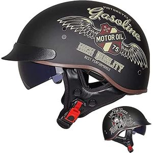 Motorhelm, Vintage motorfiets halve helm DOT/ECE goedgekeurde helmen zonneklep snelsluiting C,XXL(C,M(5556 CM))