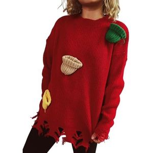 GKEIOSHQIL Truien voor Dames 3D Hoed Versiering Ronde Hals Lange Mouw Gescheurde Zoom Trui Tops Kersttrui,Rood,L