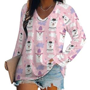 Leuke Cartoon Llama Alpaca Vrouwen Casual Lange Mouw T-shirts V-hals Gedrukt Grafische Blouses Tee Tops M