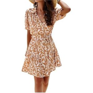 Damesjurk met knoopsluiting en casual zomerjurk, A-lijn, elegante jurken, vloeiende jurk, Bruin, XL