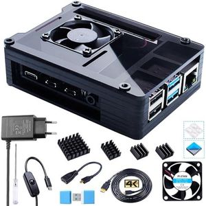 Bruphny Behuizing voor Raspberry Pi 4b, 5V 2,5A USB-C-voeding, 3x koellichaam, Micro-HDMI-naar-HDMI-adapterkabel, acryl zwarte behuizing met ventilator voor Raspberry Pi 4 model b
