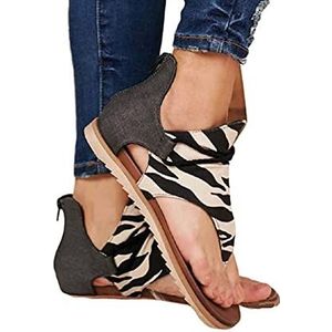 Damespantoffels, Vrouwen Sandalen Mode Zomer Luipaard Slang Zebra Print Rits Strand Sandalen Platte Schoenen, platte Teenseparators Suède Slippers Rits Sandaal (Color : Zebra print, Size : 40EU)