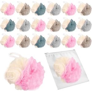 BEAGERUO Set van 20 individueel verpakte reisloofah, kleine loofah douchepuff, 30 g mini-badspons poefbal, lichaamssponzen voor douche, veelkleurig