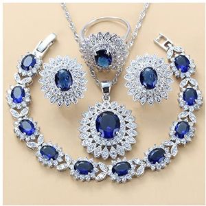 Oorbellen Luxe Dubai Bridal Silver 925 Sieraden Sets Groene Kubieke Zirkoon Zonnebloem Oorbellen Ketting Armband en Ring Sets Oorbellen voor dames (Color : Blue 4PCS, Size : 7)