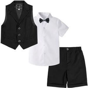 LOLANTA 4-delige vrijetijdspak voor kinderen, feestelijk zomerpak voor jongens, overhemd met korte mouwen, vlinderdas, gilet, korte broek, zwart, 140