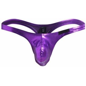 Men's Pu Leather Sexy T-Back Low Rise Thongs G-String Underwear (Size:L,Color:Paars)