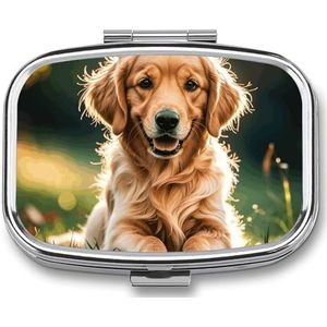 Golden Retrievers pillenetui met 2 compartimenten, pillenorganizer, draagbare vierkante pillendoos, vitaminepillenorganizer voor zakportemonnee en reizen