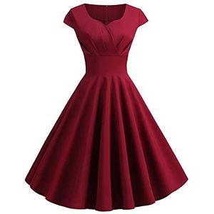 HaicoM Jaren 50 Jurken voor Vrouwen Elegante Empire-taille Feestjurk Dames Effen Kleur 50s Swing Jurk Dames Cup Mouw Cocktailjurken Dames V-hals Knielengte Midi Jurk Casual Jurk, Wijn, L