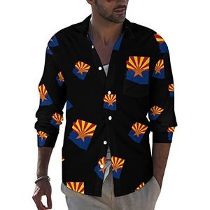 Vlaggenkaart van Arizona Mesh heren button down shirt met lange mouwen casual strand tops met zak normale pasvorm