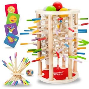 Nene Toys BALLFALL, 4-in-1 Montessori Spel met Kleurrijke Stokken, Dobbelstenen & Kaarten voor Kinderen vanaf 3 jaar - Houten Torenspel voor Jongens Meisjes in de Leeftijd, Educatief Familiespel