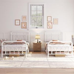 Yaheetech Set van 2 bedframes vintage metalen bed met lattenbodem, 90 x 200 cm, eenpersoonsbed, minimalistisch bedframe met hoog hoofdeinde en petalummatroon, logeerbed van metaal, wit