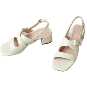 SDFGH Veelzijdige volledig lederen zomer dikke halfhoge hak vierkante kop teen gekruiste strik sandalen for dames (Color : D, Size : 38)