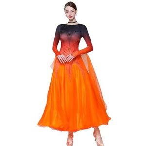 Nationale standaarddanswedstrijdjurken Professionele balzaal danskleding voor vrouwen Met lange mouwen Wals Prestatie kostuum met strass Grote swingrok,Oranje,3XL